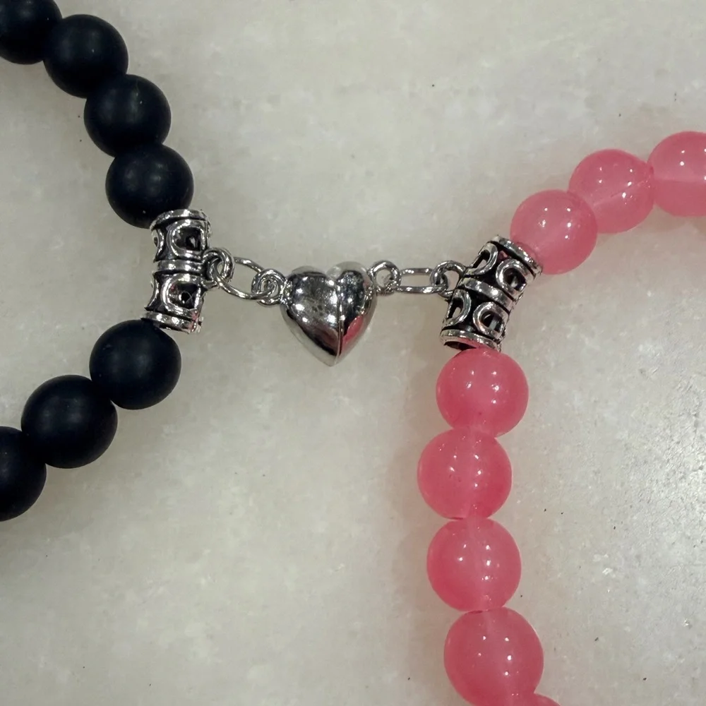 Pink & Black Beaded Heart Charm Couples Bracelet Set